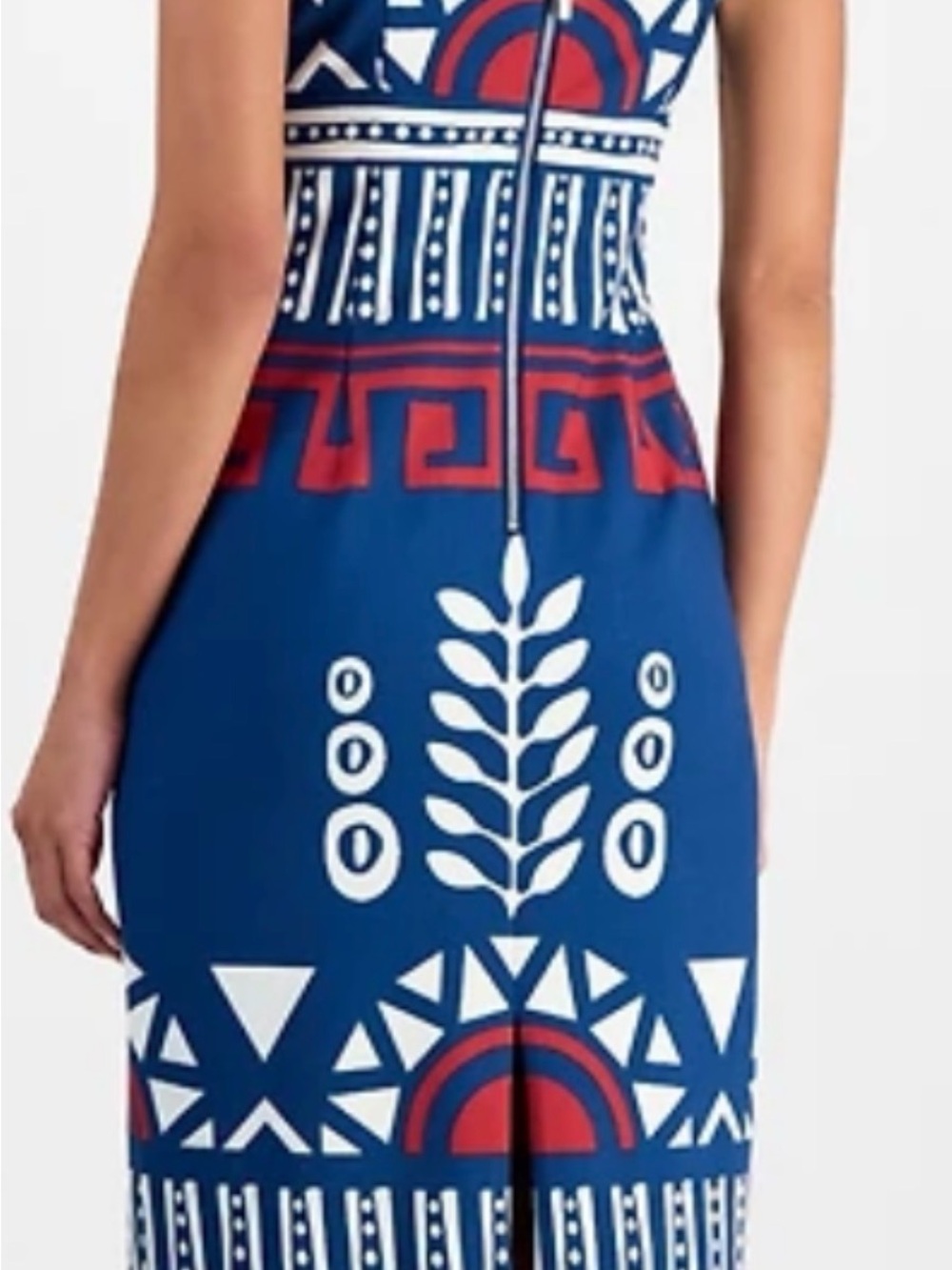 Blue Geo-Print Fit & Flare Dress with White and Red Accents - Picture 5 of 6